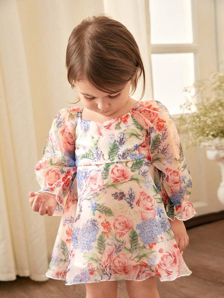 Baby Girl Vacation Flower Pattern Organza Ruffle Hem Long Sleeve Dress With Inner Dress
