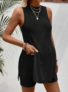 SHEIN 孕妇假日休闲纯色侧开叉背心和短裤套装 - 黑色 - 查看 6