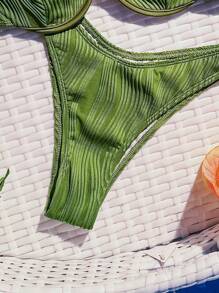 SHEIN Swim Women's Summer Beach Solid Color Textured Push Up Bikini Set With Separated Bikini Set, Underwire - Olive Green - View 4