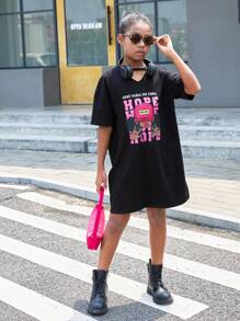 SHEIN Vestido camiseta de manga caída de tirantes anchos, con estampado y calado, informal y holgado, para niña preadolescente en verano - Negro - Ver 1