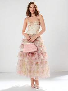Enchnt 女士甜美浪漫，層疊荷葉邊夏季細肩帶連衣裙 - 粉色 - 查看 7