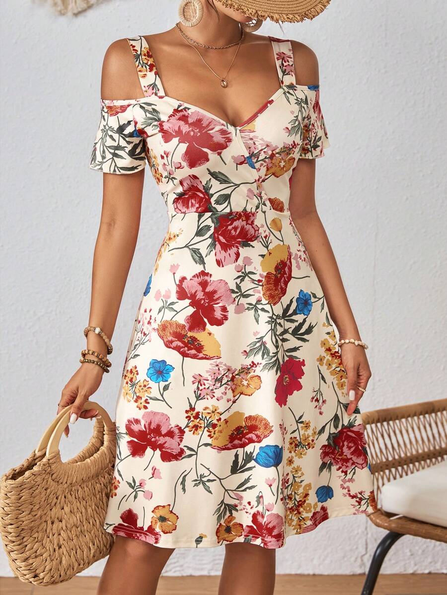 SHEIN VCAY 女士浪漫V領空心寬帶A字擺度假背心裙，夏季