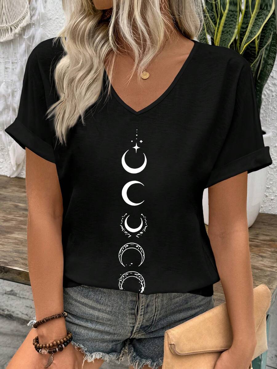 INAWLY Women's Summer Casual T-Shirt With Star & Moon Pattern Graphic Tees Women Tops - Black - View 1