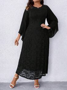 加大码蕾丝拼接喇叭袖连衣裙长款女装 - 黑色 - 查看 4