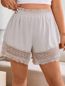 SHEIN Holidaya Quần short hàng ngày đơn giản màu trơn dành cho nữ Plus Size - Màu Khaki - Xem 3