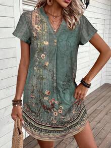 EMERY ROSE Vestido azul marino casual con botones ocultos y pequeño escote en V - Verde - Ver 4