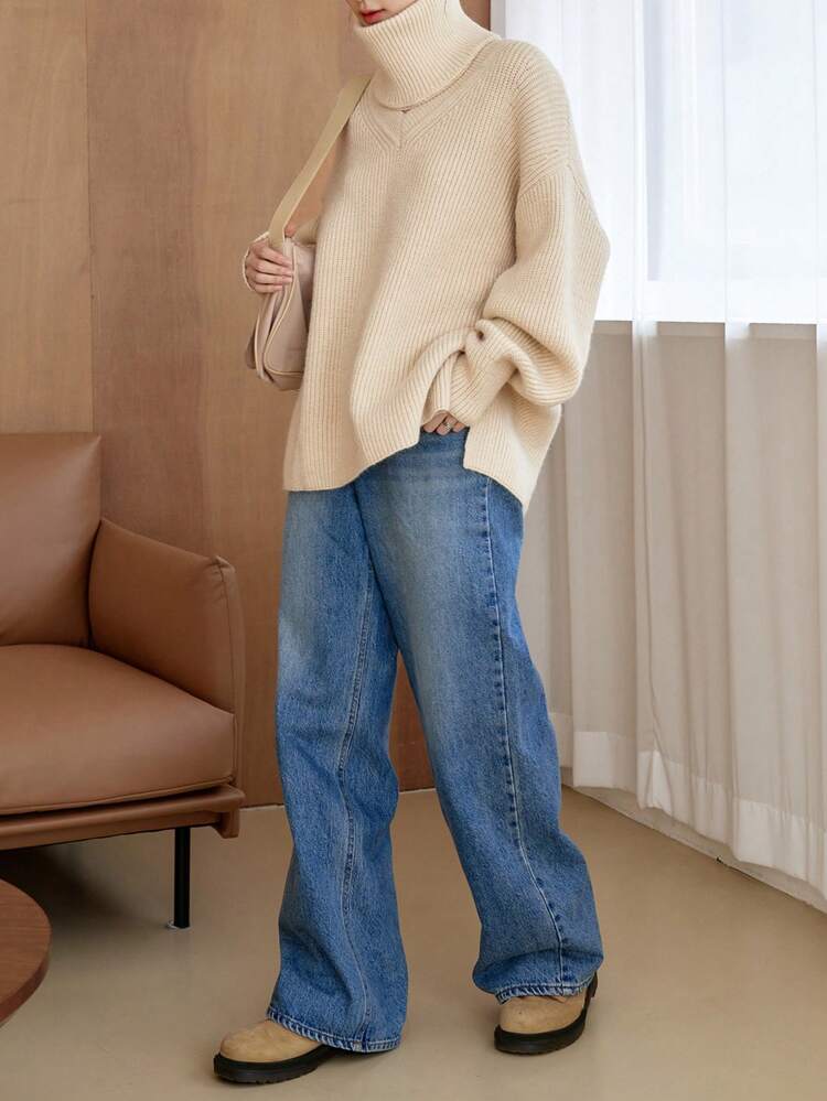 Ribbed Knit Drop Shoulder Sweater With Infinity Scarf,Fall Women Clothes Turtleneck Women