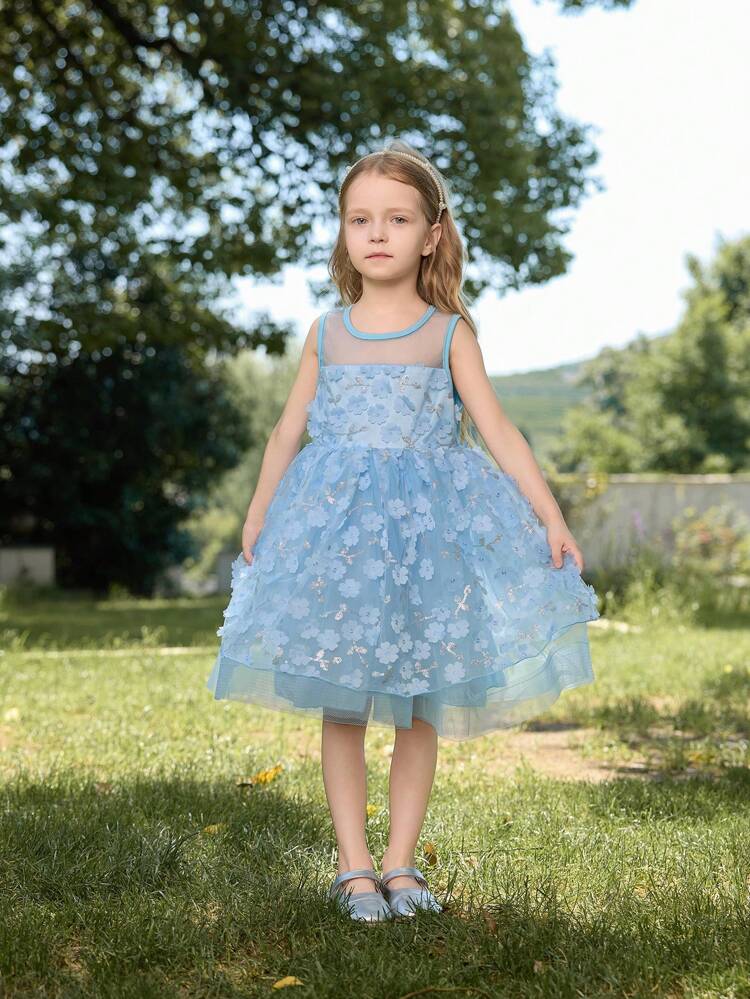 Flower Girl Birthday Party Wedding Festival Dress, Little Girls' Blue 3D Flower Puff Sleeve Dress With Sparkles, Suitable For Stage, Summer, Beach, Playtime, Tropical And Seaside Vibes