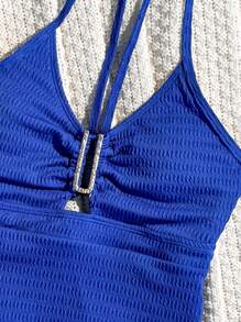 Swim Basics Traje de baño de una sola pieza sin espalda con arrugas y unicolor para la playa de verano - azul real - Ver 4