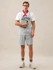 Manfinity NXTstreet Conjunto de camiseta de tirantes suelta con estampado en inglés para hombre, adecuado para el verano ligeramente fresco, vuelta al colegio - Gris - Ver 5