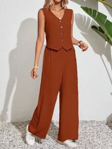 SHEIN Frenchy Setelan Dua Potong Wanita Warna Polos, Atasan Tanpa Lengan dan Celana Panjang, Gaya Liburan Klasik, Cocok untuk Pakaian Kembali ke Sekolah, Pakaian Alami Musim Panas - Burnt Orange - View 4