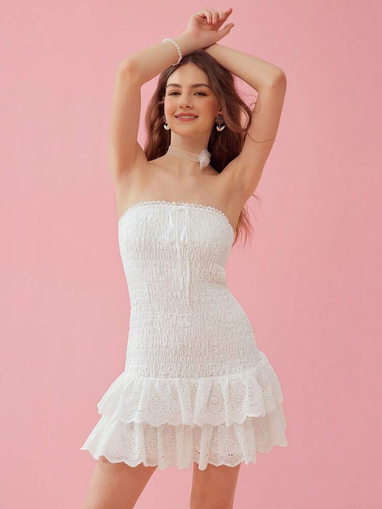 Women's Romantic Sweetheart Neckline Summer Shirred Dress With Ruffle Hem