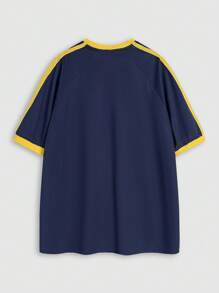 Coolane Camiseta oversize de mujer con cuello en V, colorblock y gráficos números deportivos en azul oscuro