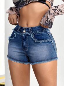 SHEIN ICON 女士夏季時尚磨邊修身迷你牛仔短褲 - 中等水洗藍 - 查看 6