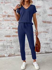 SHEIN LUNE Casual V-Neck Batwing Sleeve Summer Top And Pants Set For Women, Summer