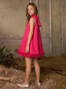 SHEIN 小姐姐的甜美又酷炫風格的純色立領無袖禮服,配以退色邊緣,日常穿著 - 玫紅色 - 查看 1