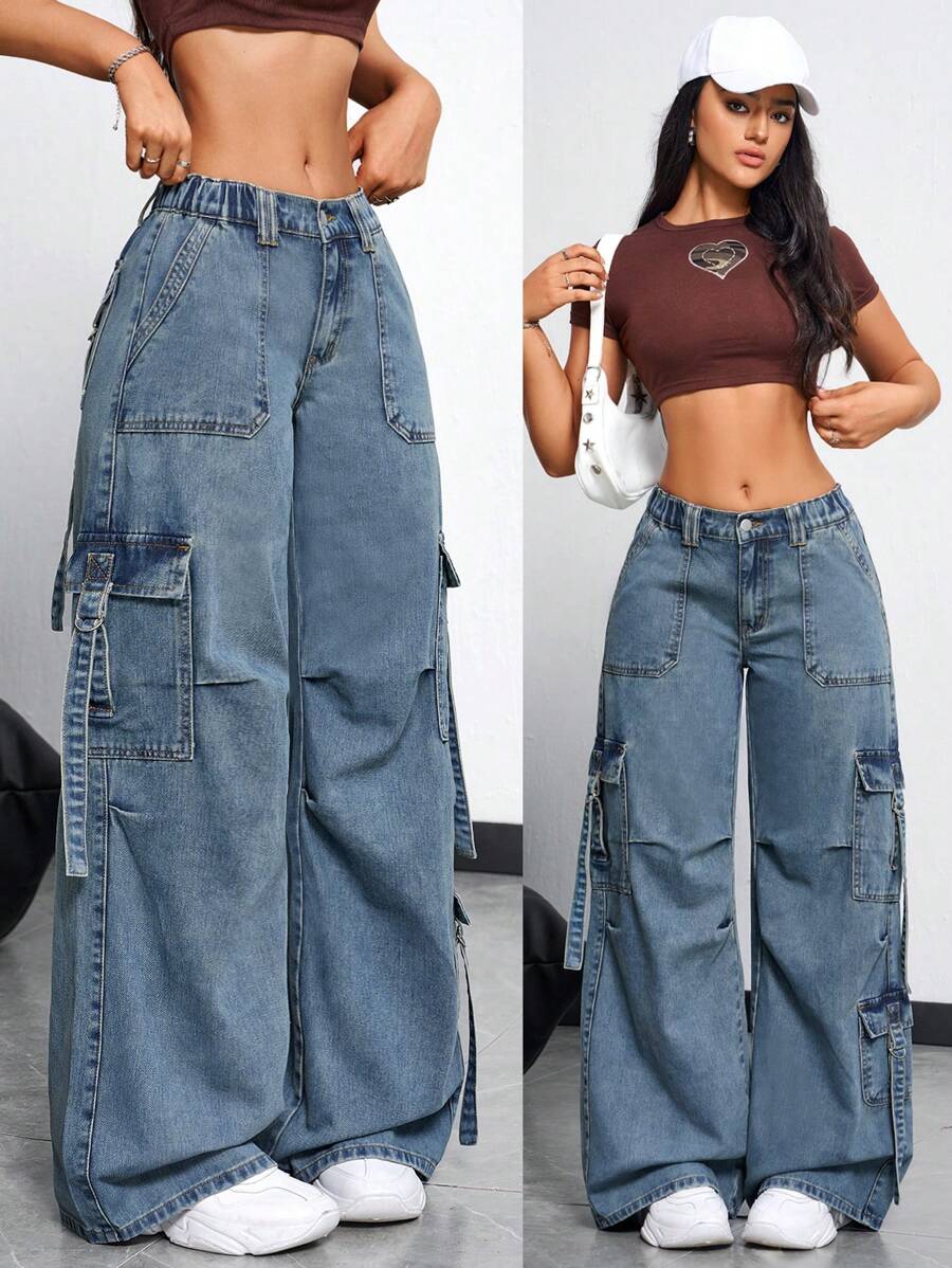 SHEIN EZwear 女式宽松休闲牛仔裤，带口袋、褶皱和阔腿设计，女士休闲纽扣、口袋、拉链低腰阔腿长蓝色妈妈款宽松女式牛仔裤，春季/秋季，休闲日常穿着 - 藍色 - 查看 1