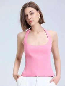 Áo ba lỗ hở lưng không tay đơn giản, cổ yếm, mùa hè - Hồng - Xem 5