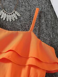 SHEIN Young Girls' Solid Color Asymmetrical Neckline Ruffle Lace Summer Sleeveless Romper - Orange - View 3
