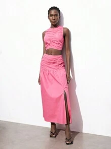 Maija 2pcs Outdoor Set For Women: Watermelon Pink Ruffle Trim Top + Pleated Skirt