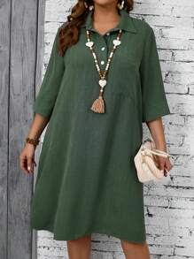 EMERY ROSE Vestido informal de verano de talla grande de unicolor para vacaciones en el campo - Verde Oliva - Ver 1