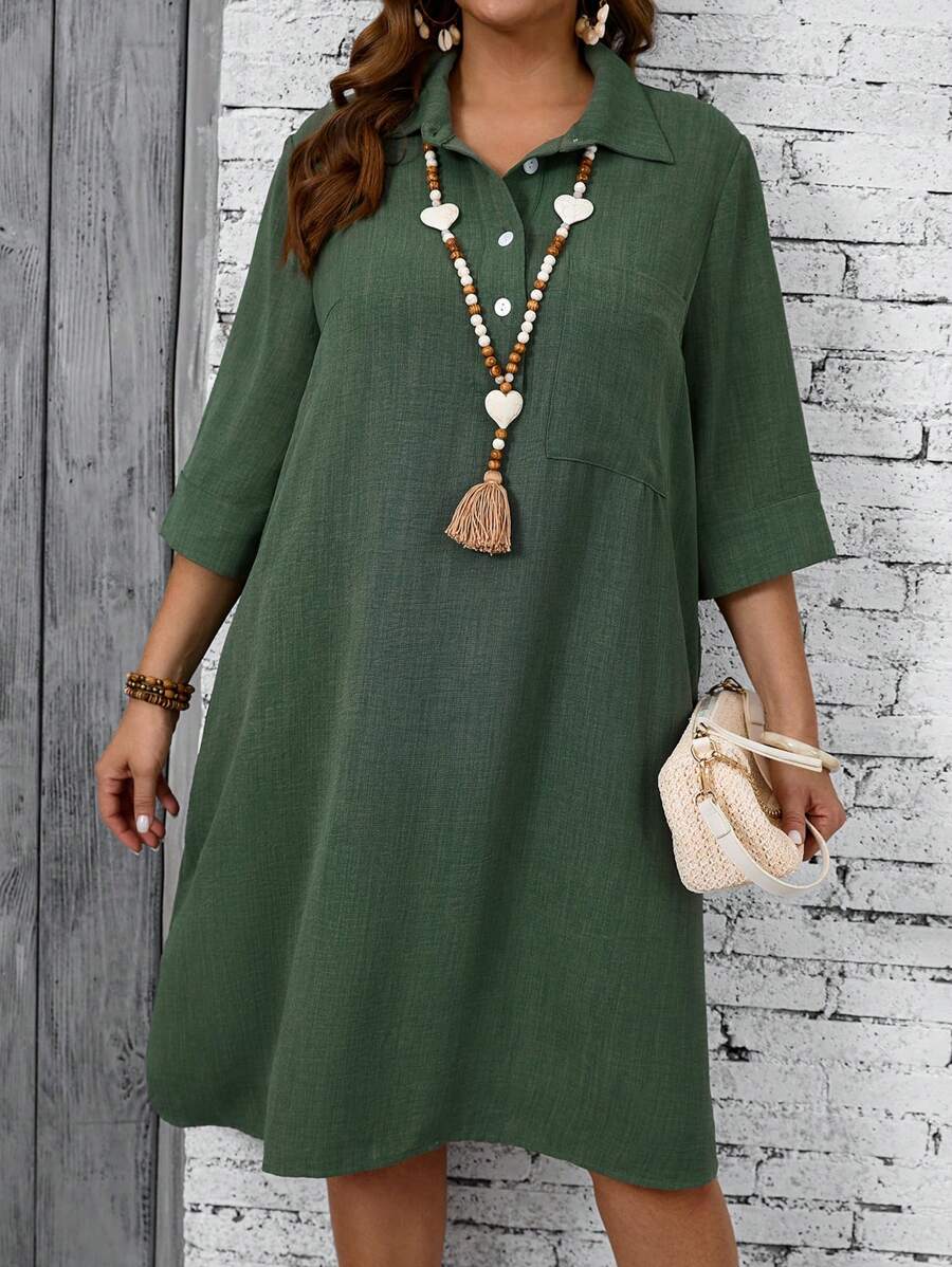 EMERY ROSE Vestido informal de verano de talla grande de unicolor para vacaciones en el campo - Verde Oliva - Ver 1