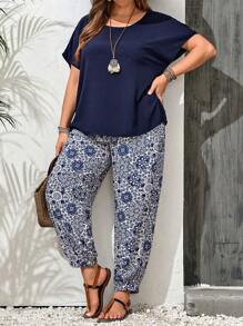 EMERY ROSE Conjunto de camisa y pantalón largo estampado para mujer de talla grande en verano - Azul - Ver 4