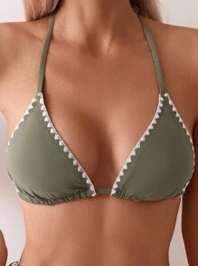 Swim Basics Conjunto de bikini floral de verano para mujer con top halter con flecos, conjunto de bikini