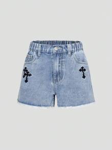 SHEIN Wildeya Dziewczęce spodenki jeansowe w stylu Y2K z haftem i postrzępionymi brzegami w luźnym kroju