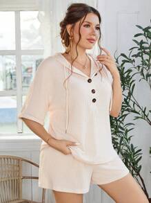 SHEIN LUNE Plus Size Simple Drawstring Hooded Short Sleeve Top And Shorts Set With Single-Breasted Clasp