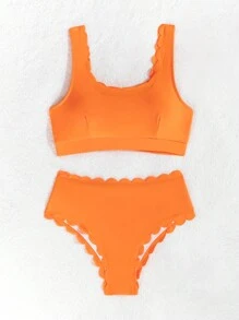 Women's Solid Color Scallop Trim Sexy Bikini Set Bathing Suit Bikini Set For Summer Beach - Burnt Orange - View 3