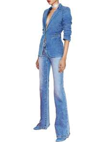 Áo khoác denim dài tay, màu trơn, cài một hàng cúc, kiểu dáng thường ngày dành cho nữ, mùa xuân. - Rửa trung bình - Xem 3
