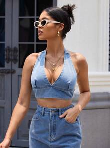 SHEIN Essnce Women's Backless Music Festival Denim Top With Neck Hanging - Light Wash - View 3