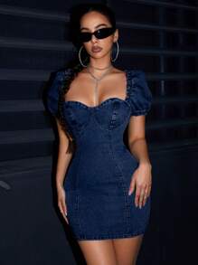 SHEIN ICON 女士性感泡泡袖修身迷你牛仔裙，夏季 - 深色水洗藍 - 查看 4