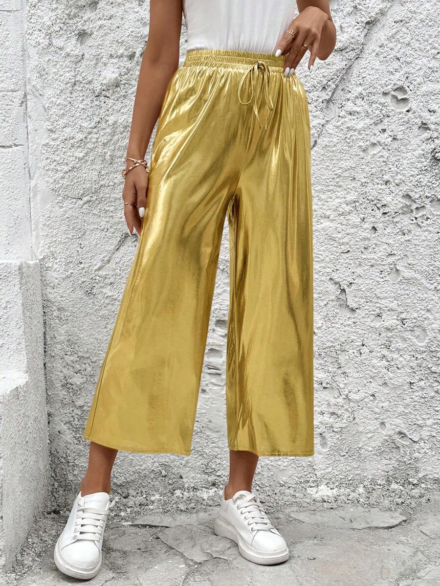 SHEIN LUNE Damen Goldfolie glänzende lange Hose - Gold - Übersicht 1