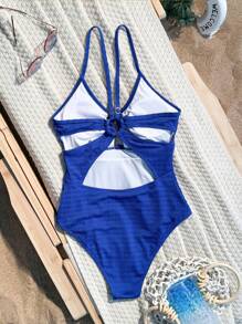 Swim Basics Traje de baño de una sola pieza sin espalda con arrugas y unicolor para la playa de verano - azul real - Ver 5