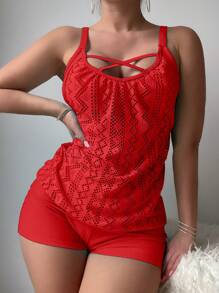 SHEIN Swim Women's Solid Color Hollow Out Cami And High Waisted Tankini Set Summer - Red - View 1