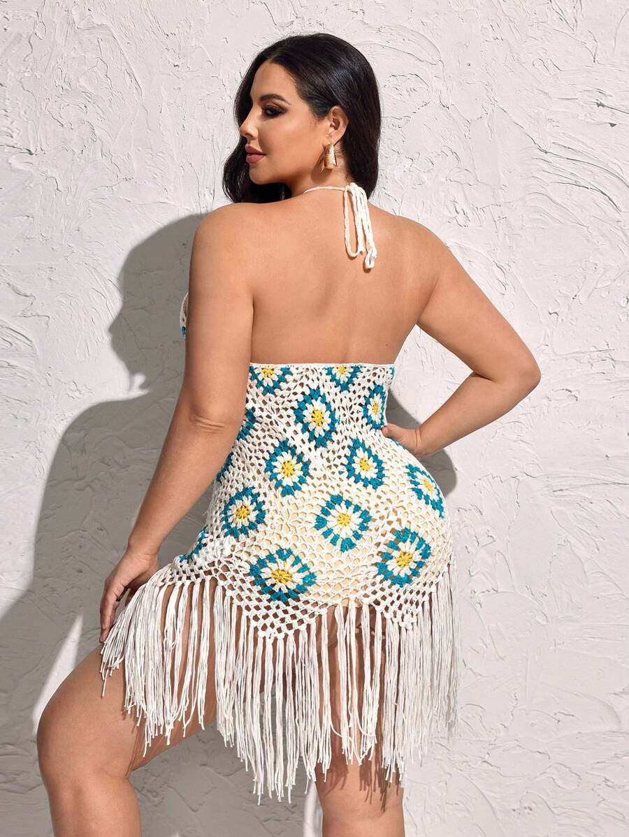 SHEIN SXY Plus Size Halter Neck Hollow Out Tassel Midi Dress - Multicolor - View 1