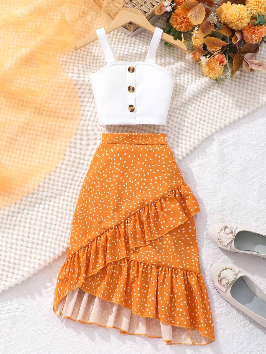 Conjunto casual para niña preadolescente con blusa de tirantes con estampado de lunares y falda plisada - Amarillo - Ver 1