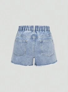 SHEIN Wildeya Dziewczęce spodenki jeansowe w stylu Y2K z haftem i postrzępionymi brzegami w luźnym kroju