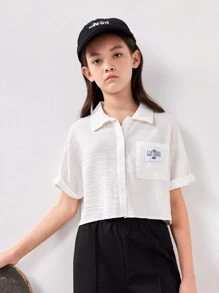 SHEIN Cô gái Tween Lỏng lẻo Thư được vá Mùa vụ Áo sơ mi - trắng - Xem 7