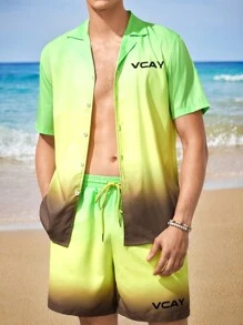 Manfinity VCAY Men's Beach Outfits, Gradient Letter Printed Breathable Summer Surfing Casual Hawaiian Shirt & Shorts Set For Beachwear - Multicolor - View 1