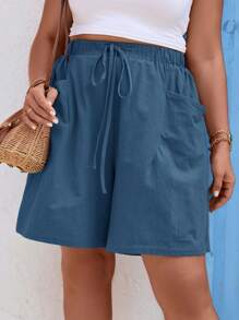 SHEIN LUNE Plus Size Solid Color Holiday Casual Shorts With Double Pockets - Teal Blue - View 3