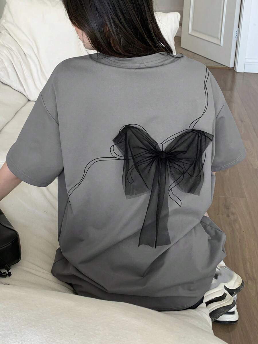 DAZY 女士夏季圆领短袖休闲T恤蝴蝶结装饰可爱上衣 - 淺灰色 - 查看 1