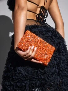 SHEIN SXY WOMEN Clutch BAG,EVENING BAG, All-Over Floral Chain Decor Elegant Fashion Simple Purse, Teenagers, FOR VACATION,HOLIDAY,SUMMER,PARTY,DATE,DATE NIGHT,Halloween Valentines - Orange - View 6