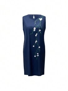 SHEIN Unity 女士無袖圓領花卉印花連衣裙 - 寶藍色 - 查看 4