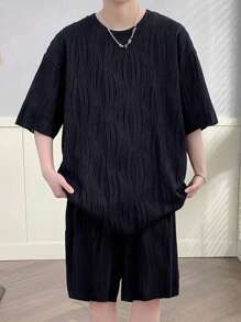 男式夏季實色圓領傾肩休閒T恤和短褲套裝 - 黑色 - 查看 2