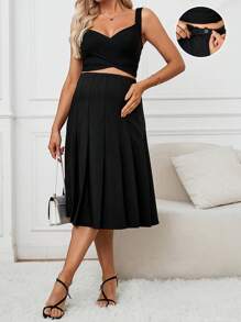 SHEIN Bộ đồ sơ sinh thường ngày/văn phòng có thể điều chỉnh dây đeo vai có độ đàn hồi ở eo và bộ váy chữ A gấp, 2 chiếc - màu đen - Xem 6