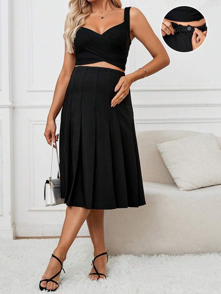 Maternity Casual/Office Adjustable Shoulder Strap Waist Elasticity Top & Folded A-Line Skirt Set, 2pcs