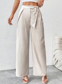 SHEIN PETITE 高腰褶皺細節扭結側邊寬褲 - 卡其色 - 查看 4